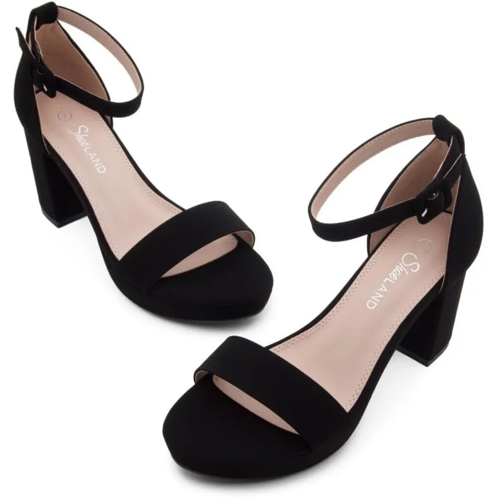 Women's Black Chunky Block Ankle Strap Stylish Comfortable Open Toe Strappy Heel
